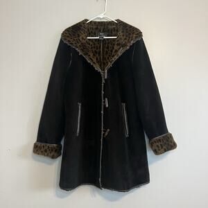 Y2K Vintage Dennis Basso Faux Fur Coat Button Up Leopard Lined Black Sz L FLAW